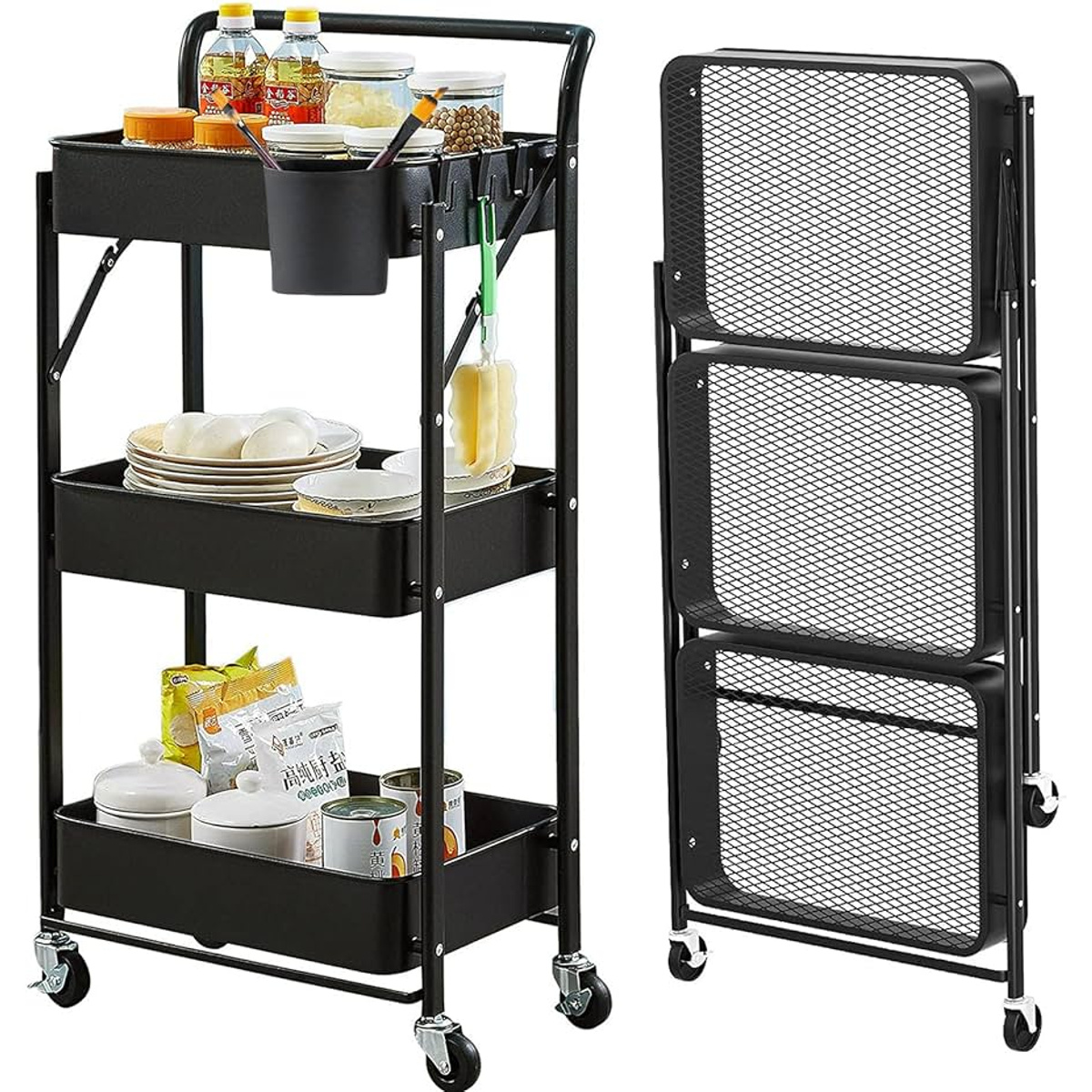 CARRITO ORGANIZADOR PLEGABLE DE COCINA CON MESADA HIERRO NEGRO 90X32X135CM EA-365 - Imagen 2