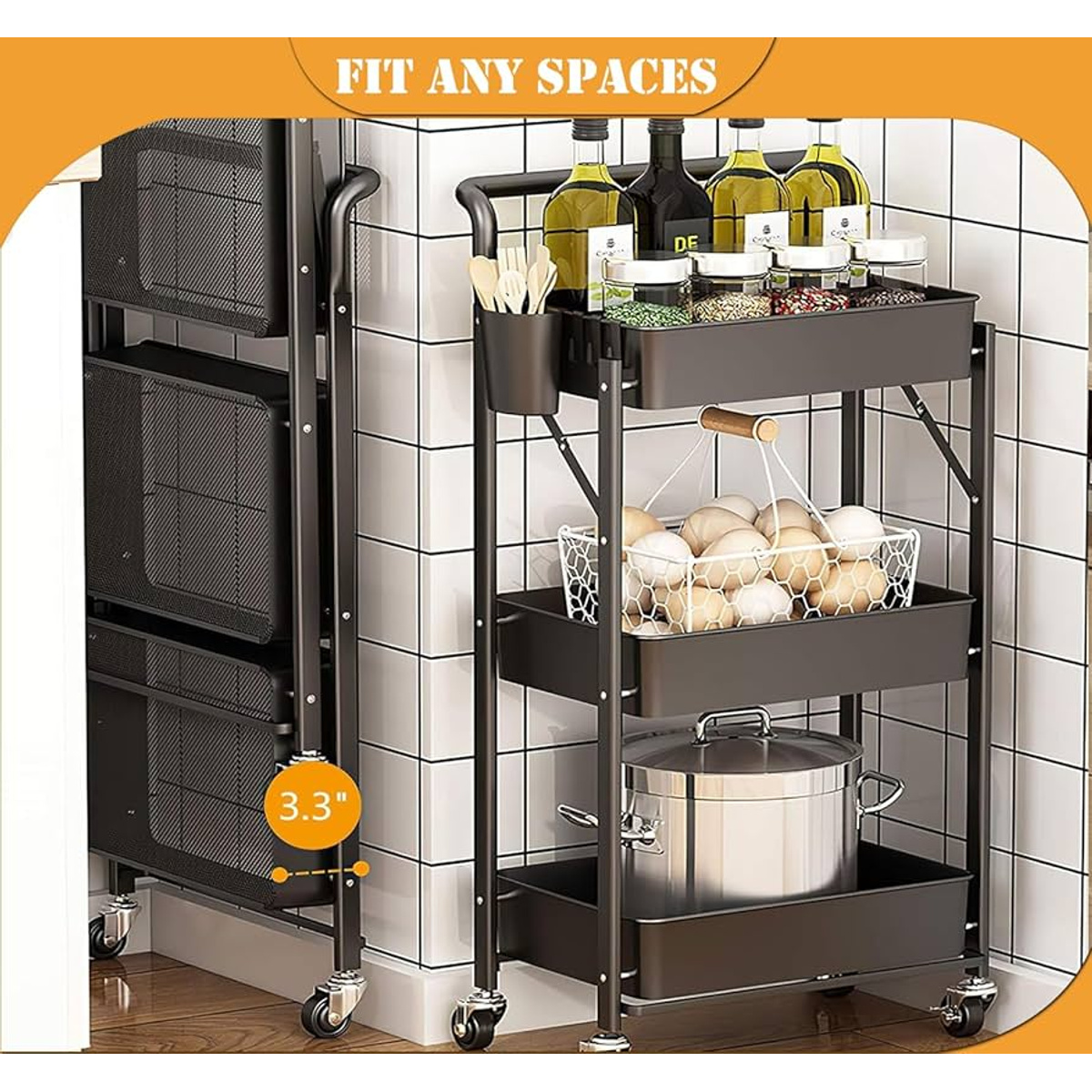 CARRITO ORGANIZADOR PLEGABLE DE COCINA CON MESADA HIERRO NEGRO 90X32X135CM EA-365 - Imagen 3
