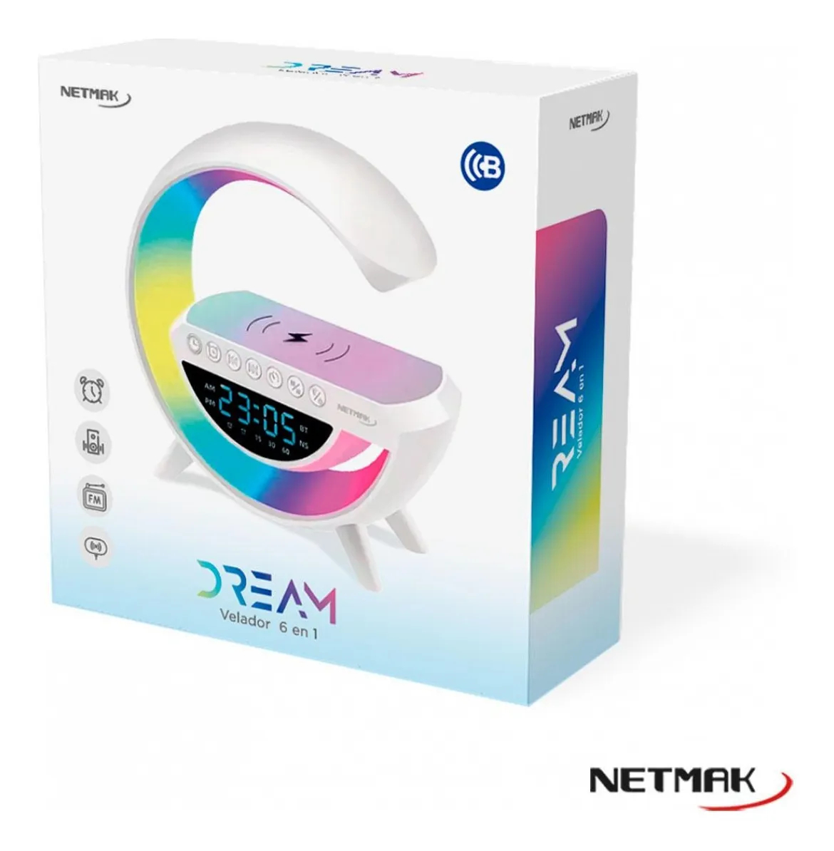 VELADOR NETMAK NM-DREAM LED CON RELOJ, BLUETOOTH Y CARGADOR INALÁMBRICO NM-DREAM