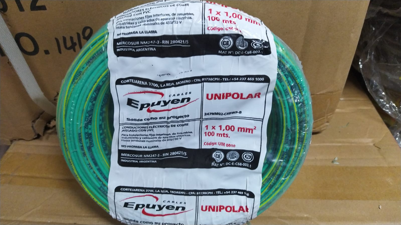 cable conductor unipolar cobre color verde/amarillo 1 mm rollo por 100m epuyen