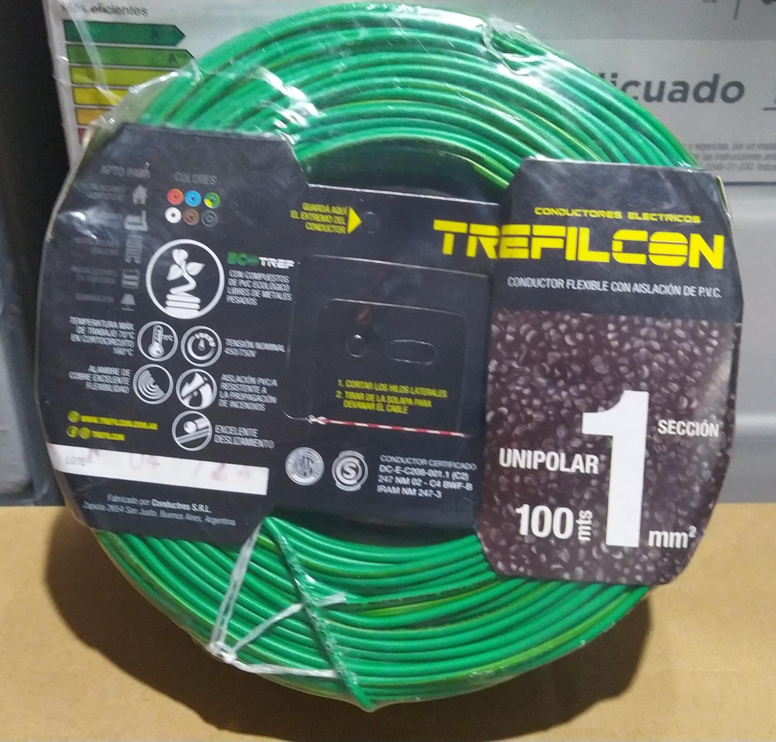 cable unipolar treficon rollo por 100 m verde 1mm